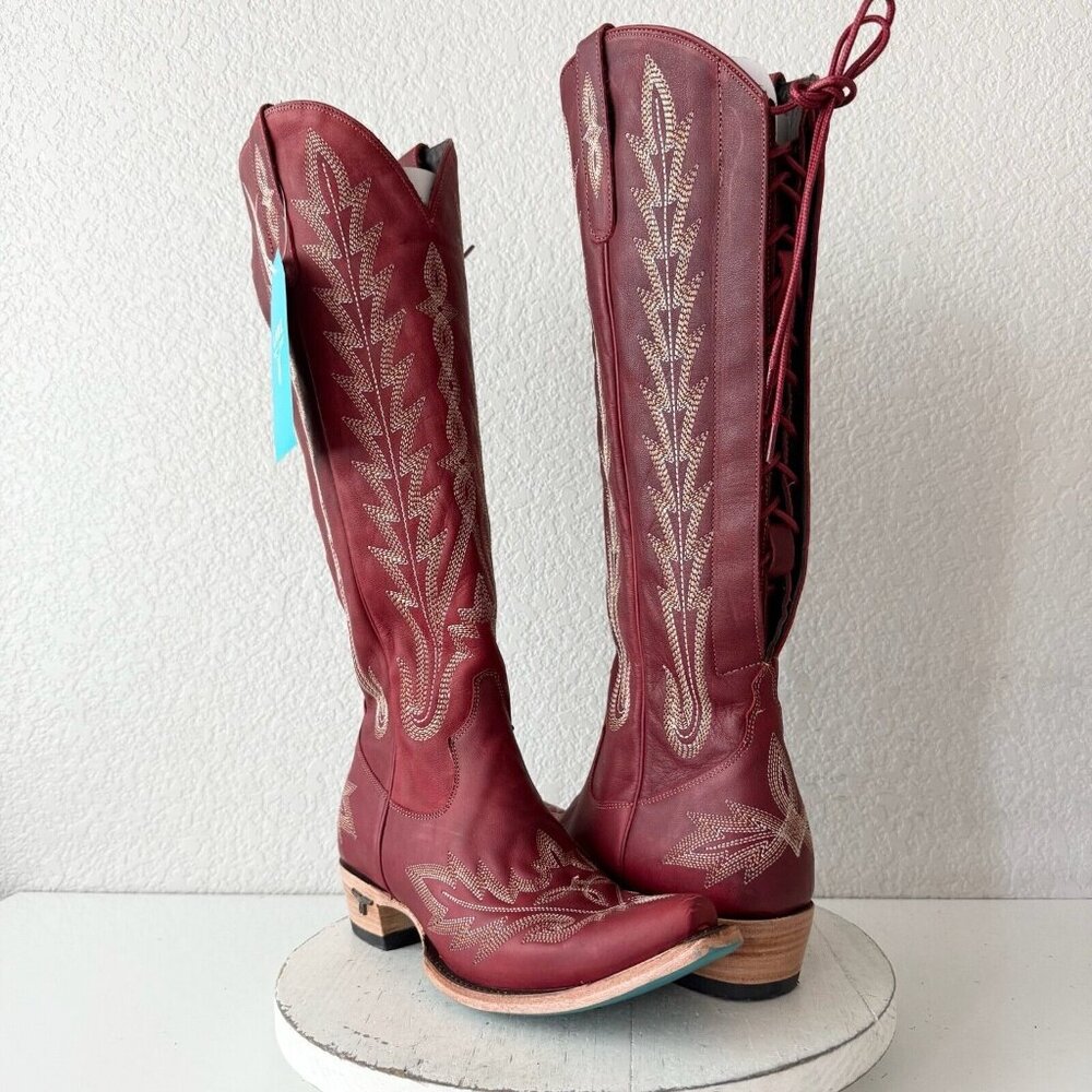 Lane LEXINGTON Knee High Womens Cowboy Boots 8.5 Red Leather Western Lace Up 17"
